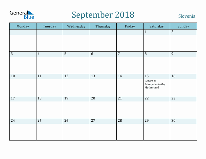 September 2018 Calendar with Holidays