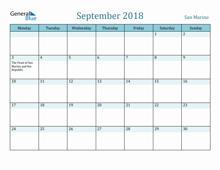 September 2018 Calendar with Holidays