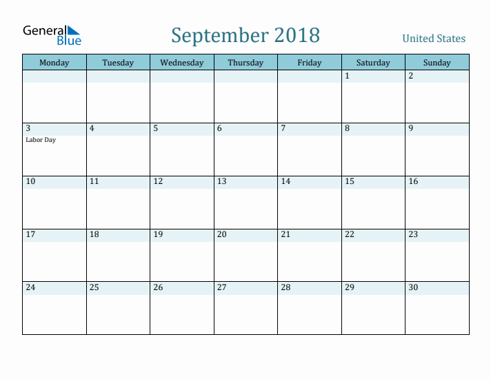 September 2018 Calendar with Holidays