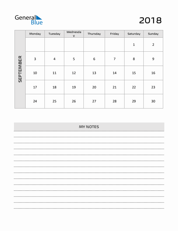 September 2018 Calendar Printable