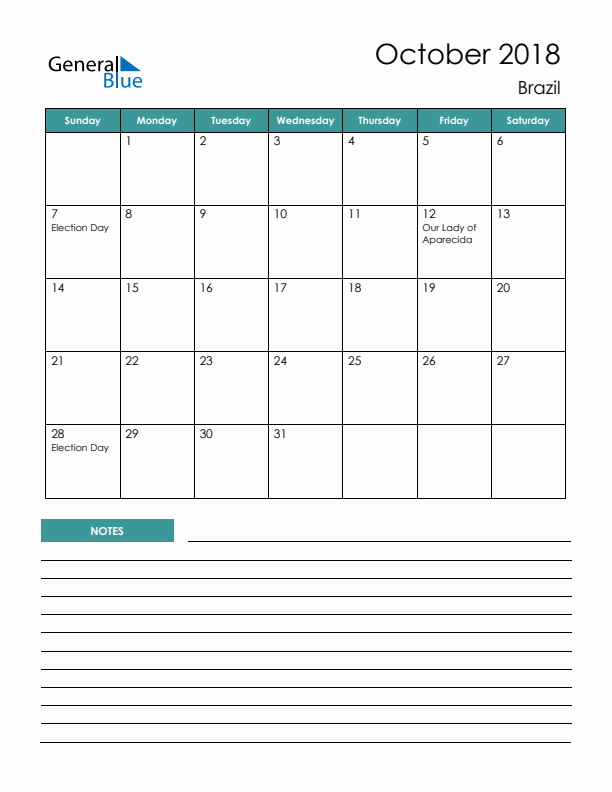 Calendar with Notes Printable - Sunday Start