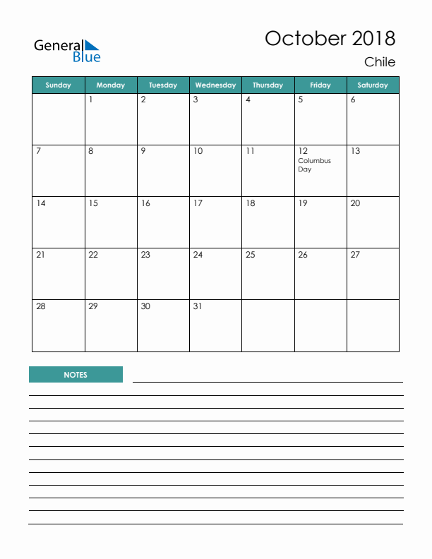 Calendar with Notes Printable - Sunday Start