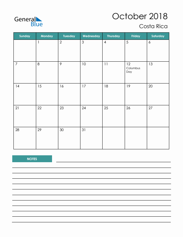 Calendar with Notes Printable - Sunday Start