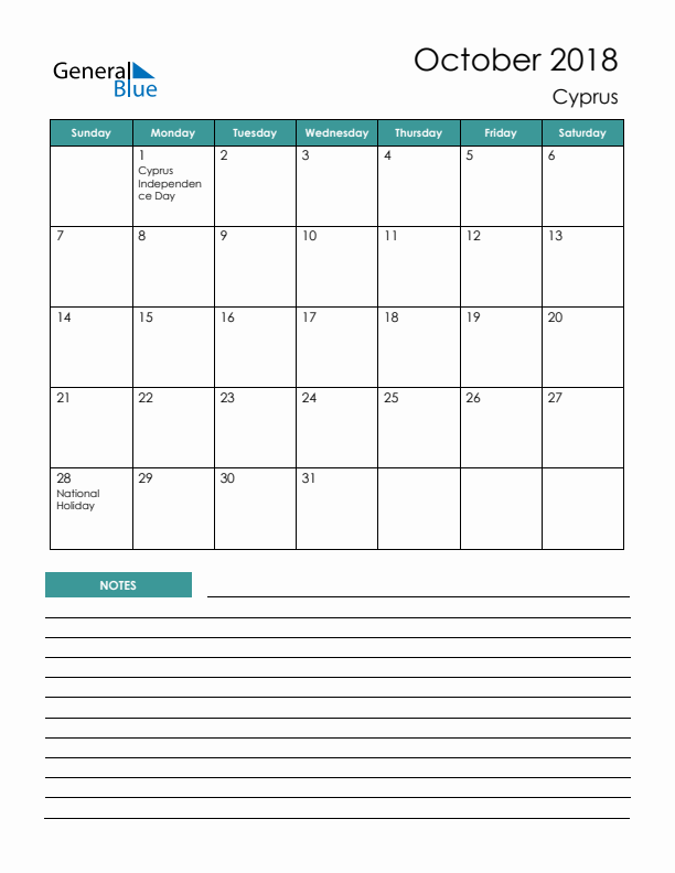 Calendar with Notes Printable - Sunday Start