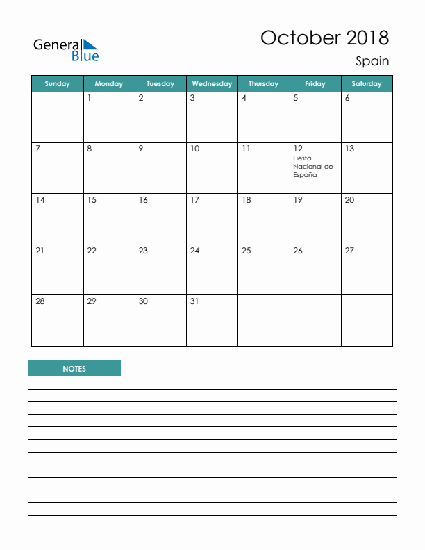 Calendar with Notes Printable - Sunday Start