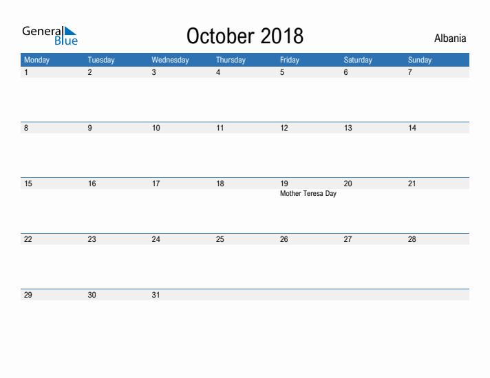 Fillable October 2018 Calendar