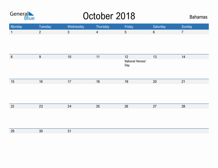 Fillable October 2018 Calendar