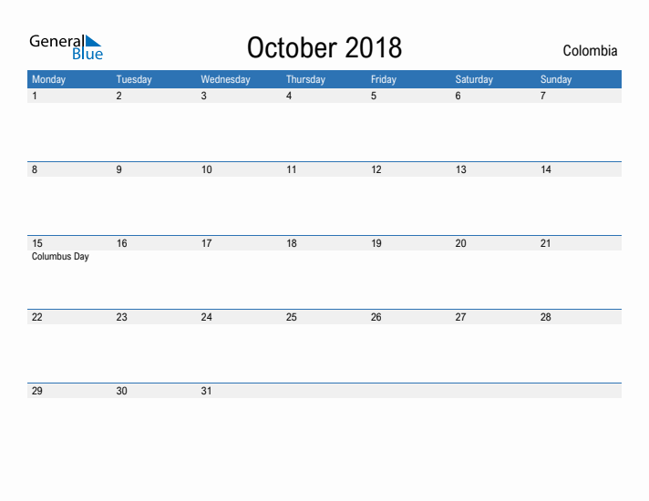 Fillable October 2018 Calendar