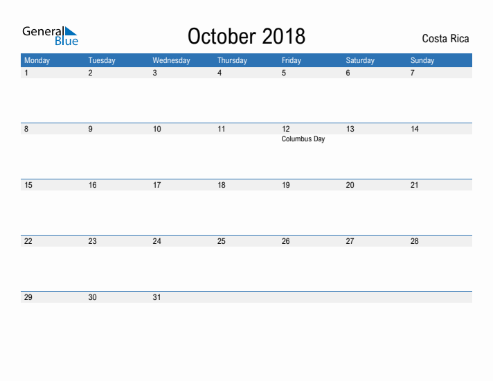 Fillable October 2018 Calendar