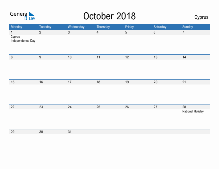 Fillable October 2018 Calendar