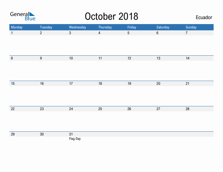 Fillable October 2018 Calendar