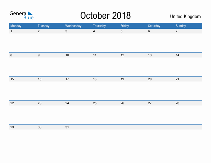 Fillable October 2018 Calendar