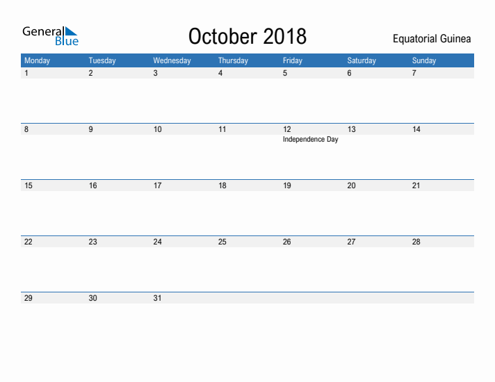 Fillable October 2018 Calendar