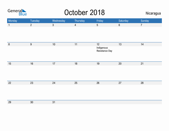 Fillable October 2018 Calendar