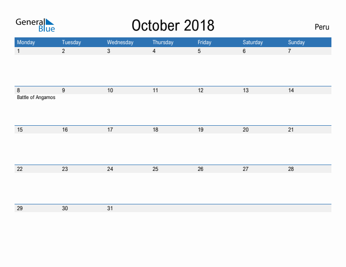 Fillable October 2018 Calendar