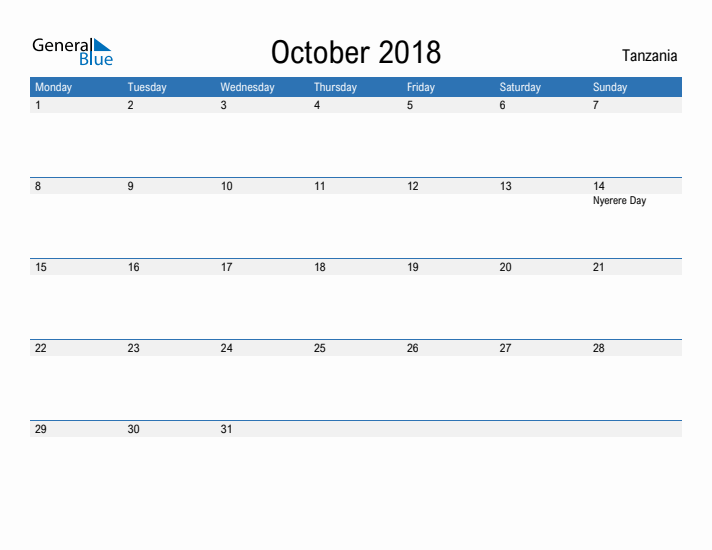 Fillable October 2018 Calendar