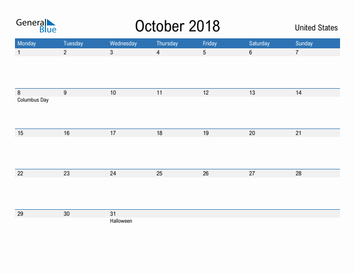 Fillable October 2018 Calendar