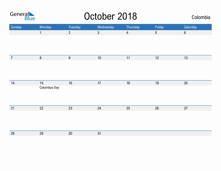 Fillable October 2018 Calendar