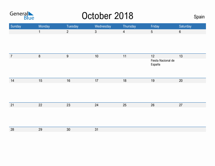 Fillable October 2018 Calendar