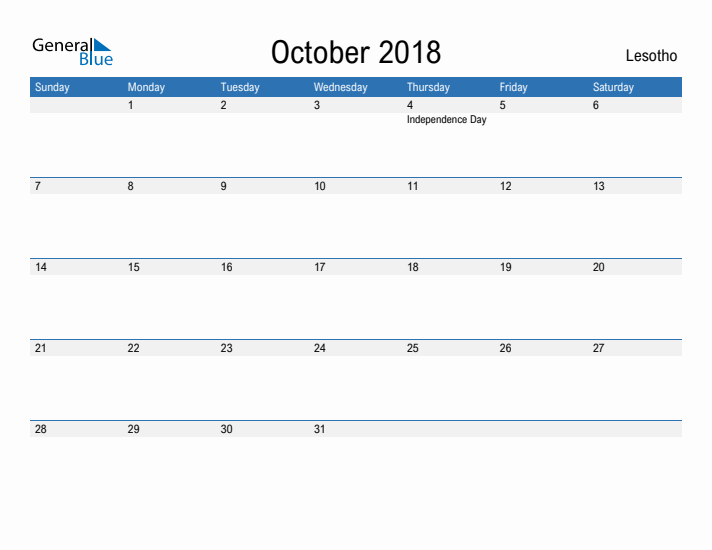 Fillable October 2018 Calendar