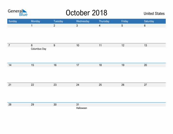 Fillable October 2018 Calendar