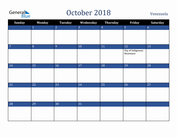 October 2018 Venezuela Calendar (Sunday Start)