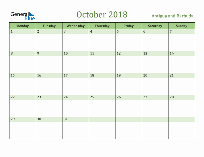 October 2018 Calendar with Antigua and Barbuda Holidays