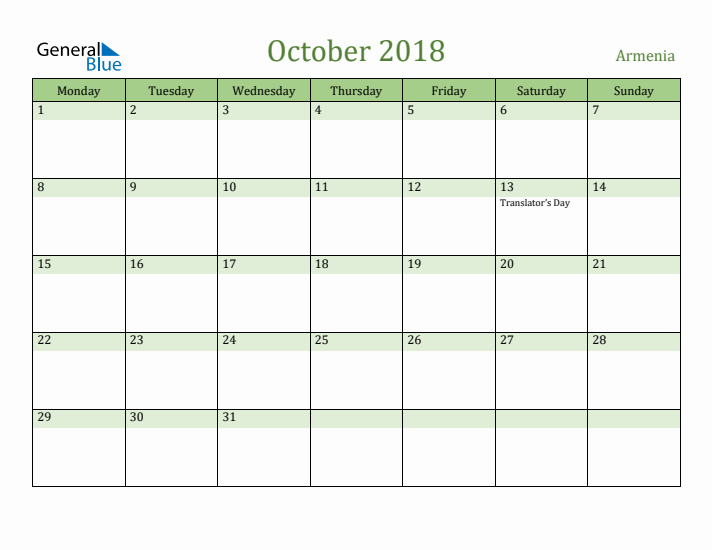 October 2018 Calendar with Armenia Holidays