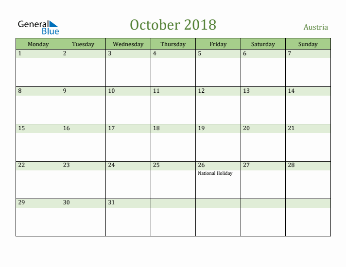 October 2018 Calendar with Austria Holidays