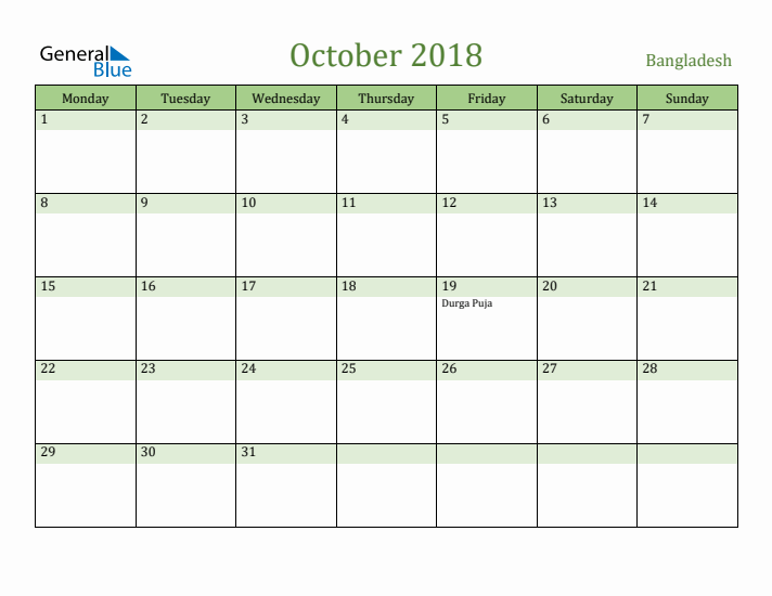 October 2018 Calendar with Bangladesh Holidays