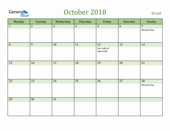 October 2018 Calendar with Brazil Holidays