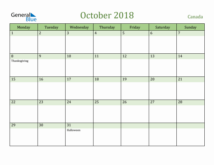 October 2018 Calendar with Canada Holidays