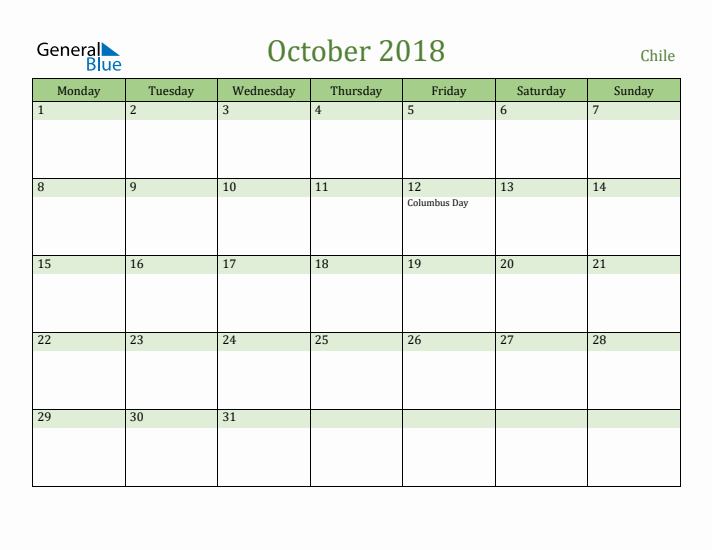 October 2018 Calendar with Chile Holidays