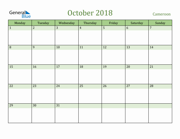 October 2018 Calendar with Cameroon Holidays