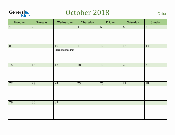 October 2018 Calendar with Cuba Holidays