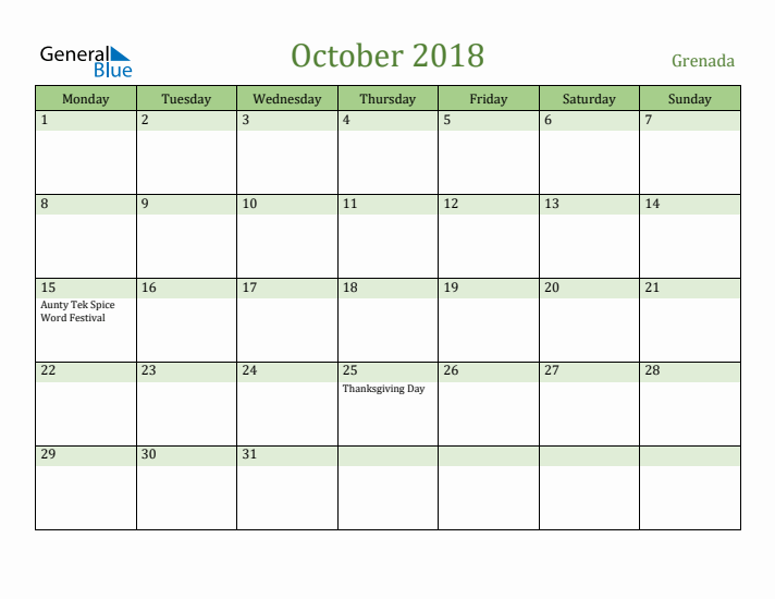 October 2018 Calendar with Grenada Holidays