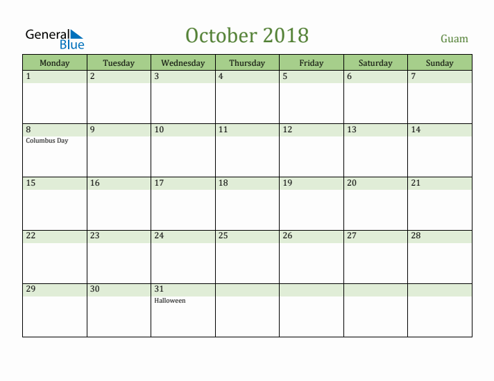 October 2018 Calendar with Guam Holidays