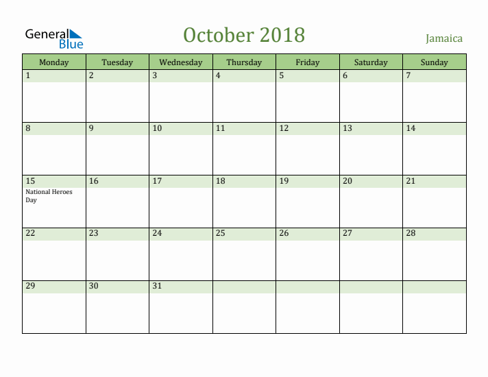 October 2018 Calendar with Jamaica Holidays