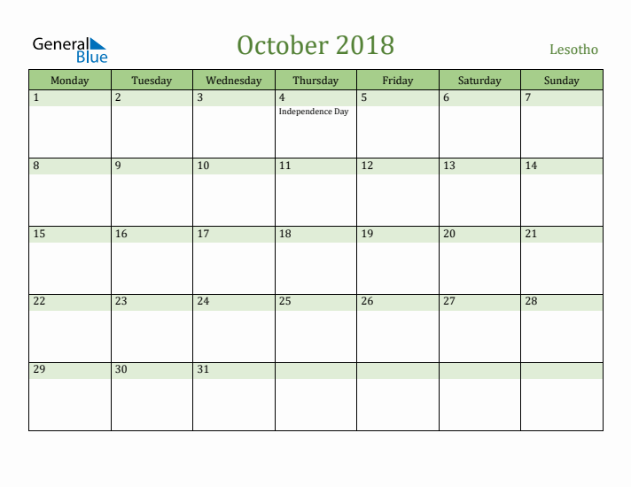 October 2018 Calendar with Lesotho Holidays