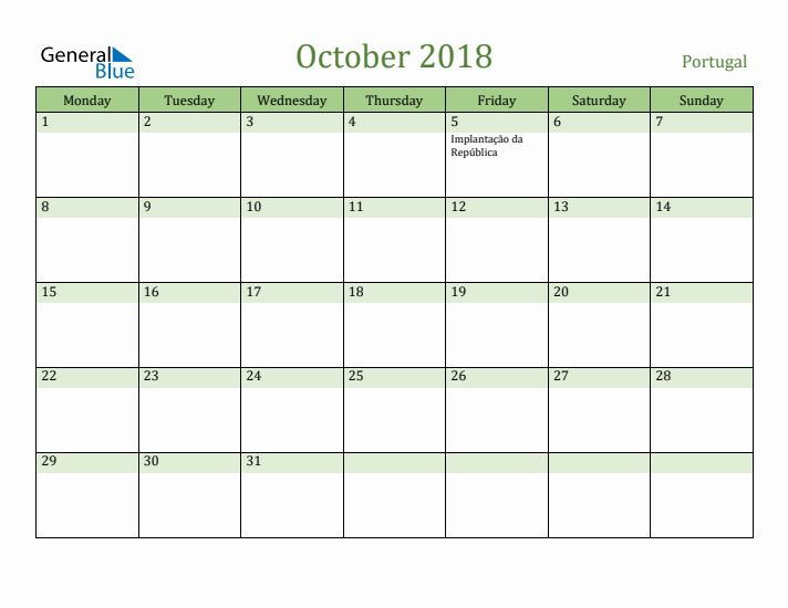 October 2018 Calendar with Portugal Holidays