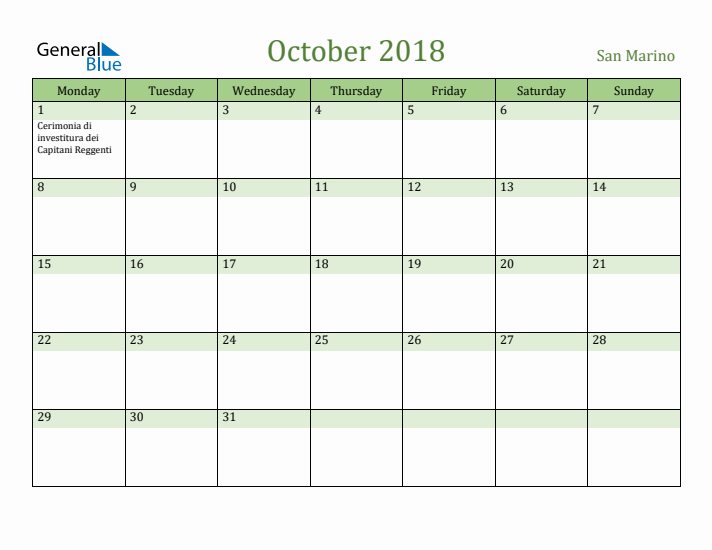 October 2018 Calendar with San Marino Holidays