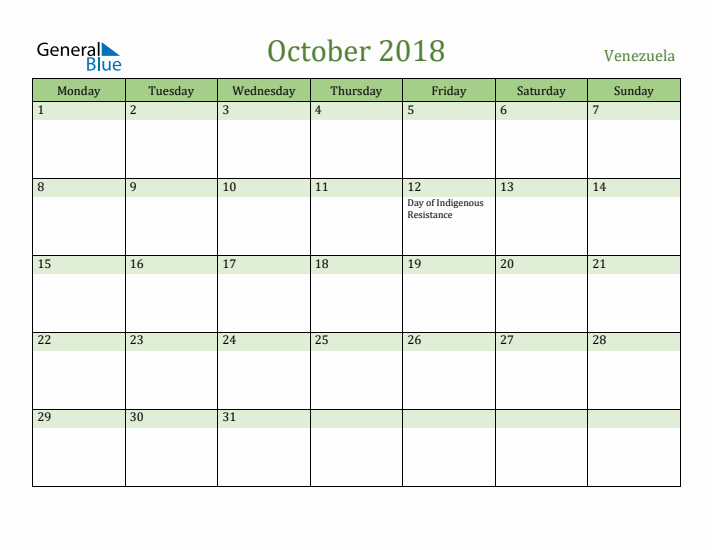 October 2018 Calendar with Venezuela Holidays