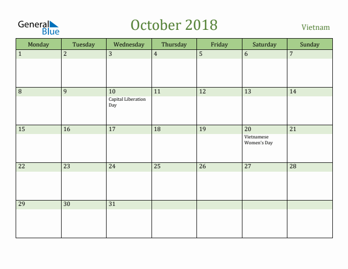 October 2018 Calendar with Vietnam Holidays