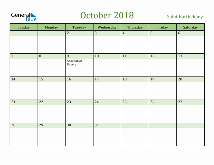 October 2018 Calendar with Saint Barthelemy Holidays