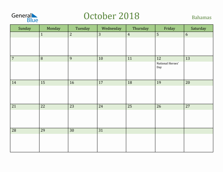 October 2018 Calendar with Bahamas Holidays