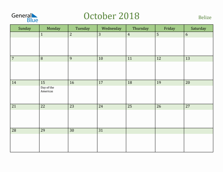 October 2018 Calendar with Belize Holidays