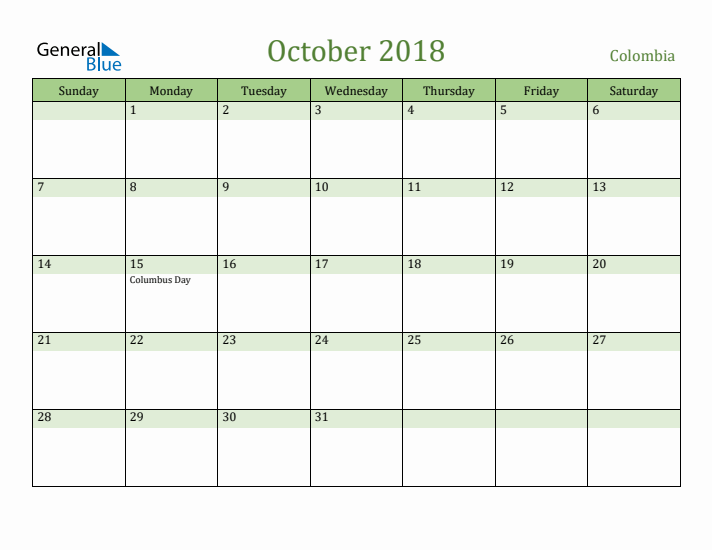 October 2018 Calendar with Colombia Holidays