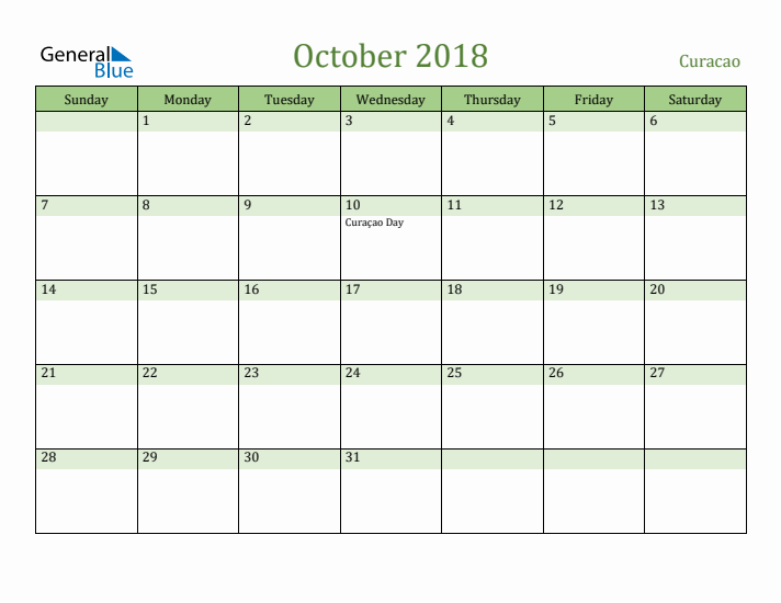 October 2018 Calendar with Curacao Holidays