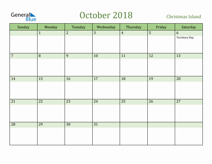 October 2018 Calendar with Christmas Island Holidays