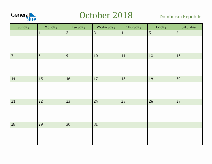 October 2018 Calendar with Dominican Republic Holidays